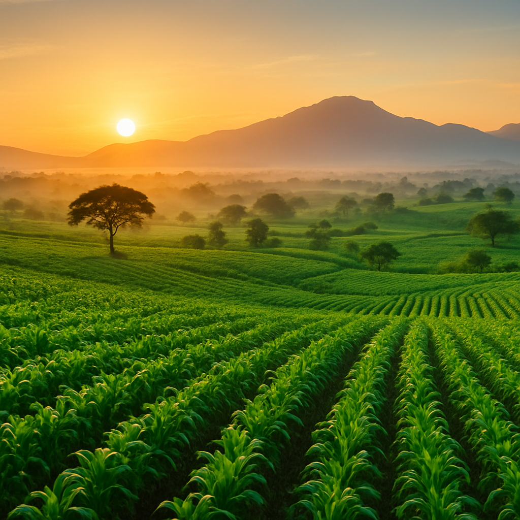 Panoramic East African farmland at sunrise